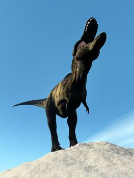 Tyrannosaurus dinosaur roaring on the top of sand dune by day - 3D render