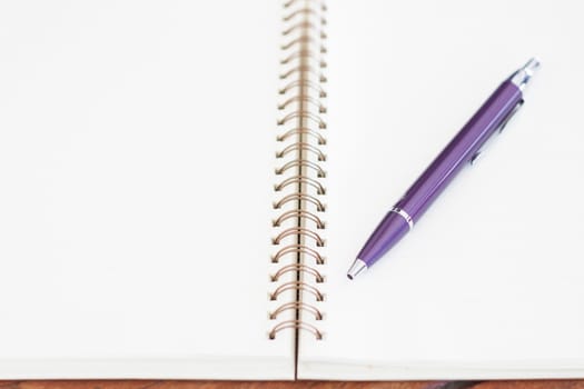 Blank notebook with pen on wooden table, stock photo