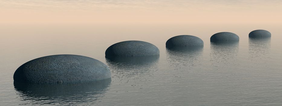 Grey stones steps upon the ocean by brown sunset - 3D render
