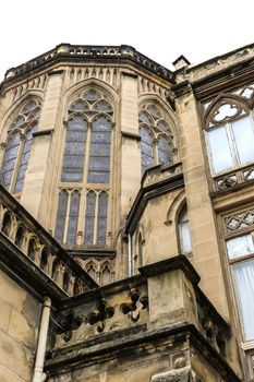 Cathedral of the Good Shepherd in San Sebastian, Spain. Gothic revival church facade with stained glass windows and sky - photography