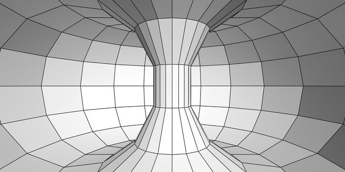 Three-dimensional model of torus with polygons. Abstract gray background