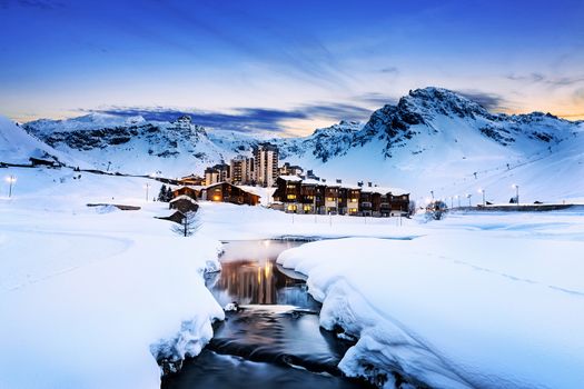 Evening landscape and ski resort in French Alps,Tignes, Tarentaise, France 