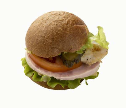 Isolated on white sandwich with ham and cheese.