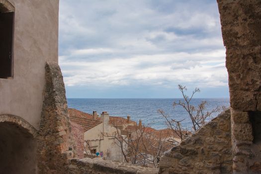 Looking at the sea from Monemvasia Castle, Greece.