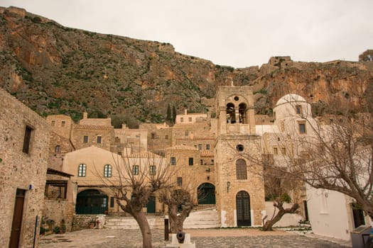 Distant view of a steeple in Monemvasia, Greece