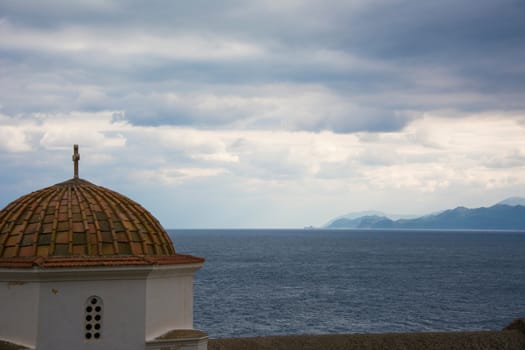 Distant view of a steeple in Monemvasia, Greece