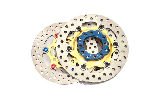 Isolated group of new disc brake for motorcycle on white background