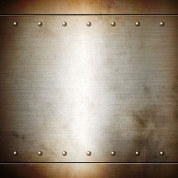 Rusty steel riveted brushed plate background texture. Metal frame background