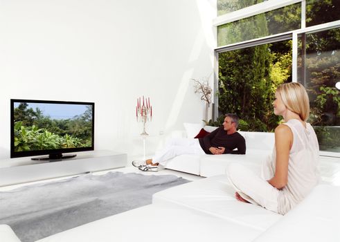 Beautiful Couple Sitting On Couch Watching TV