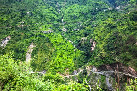 View of village on the mountain in India