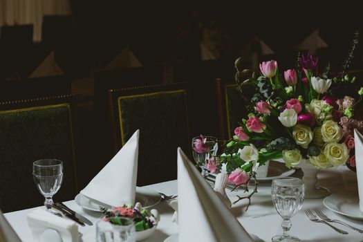 Beautiful flowers on table in wedding day