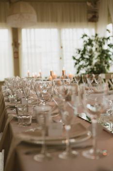 decorated wedding table in the restaurant. wedding background