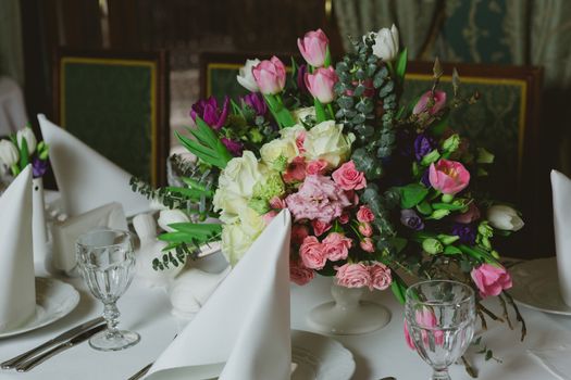 Beautiful flowers on table in wedding day