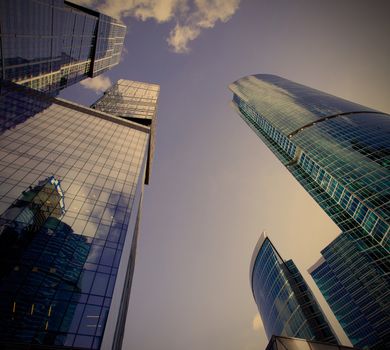 Moscow, Russia, 17.09.2014, Looking up at Moscow's skyscrapers in financial district, instagram image style