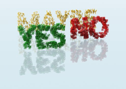 Three Dimensional word yes, no and maybe made from a set and question marks