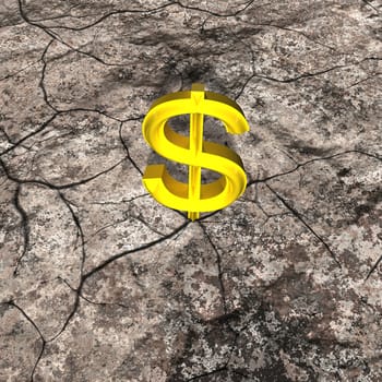 3d illustration of golden dollar sign on rock with crack