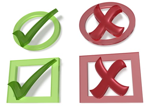 Glossy green Check mark and Cross mark on white background
