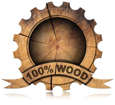 Wooden icon in the shape of gear with wooden ribbon and text, 100% (percent) wood. Isolated on white background