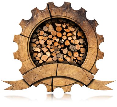 Wooden icon in the shape of gear with dry cut firewood logs in a pile inside, empty wooden ribbon for text. Isolated on white background