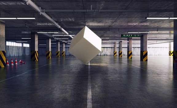 geometric figure cube in the parking. 3d creative concept