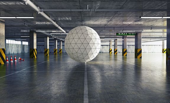 geometrical sphere in the parking. 3d creative concept