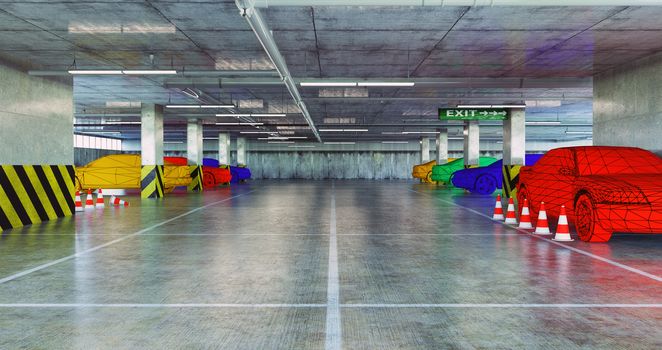 Low-poly color cars in the urban empty parking. 3d concept