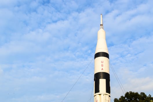 Rocket on display showing top half.