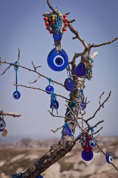 Turkish evil eye hanging from tree branch in Cappadocia.