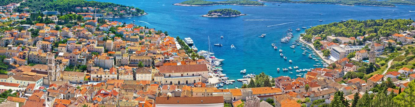 Croatian tourist destination of Hvar island, aerial panoramic view