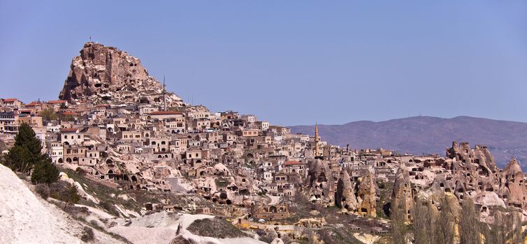 Homes built of stone on the hillside in Cappadocia Turkey.
