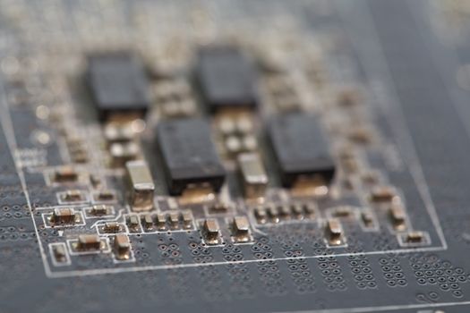 Close-up view on the computer motherboard. Horizontal photo