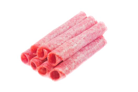 Picture of several salami rolls arranged together