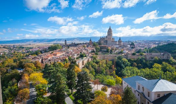 high atop castle Alcazar a view of rural and countryside Segovia, Spain.