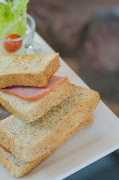 close up toasted sandwich with ham and cheese on dish