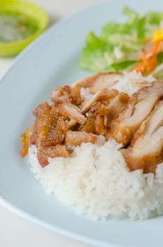 close up fried Chicken over steamed rice on plate