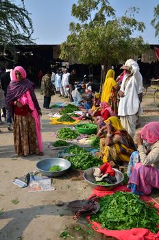 Jodhpur, India - January 2, 2015: Indian people shopping at typical vegetable street market in India on January 2, 2015 in Jodhpur, India. Food hawkers in India are generally unaware of standards of hygiene and cleanliness.