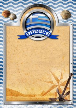 Empty signboard with metal frame, symbol of Greece with Greek flag, seashells and rusty anchor on background with blue and white waves