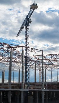 Construction site. Framework of the new building and tower crane above it.