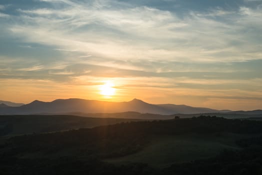 Evening summer landscape in the Ukrainian Carpathian Mountains.