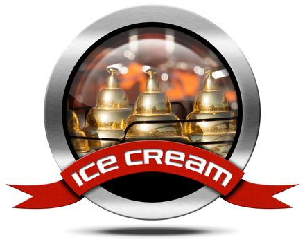 Metal icon or symbol with close up of a ice cream cart and red ribbon with text ice cream. Isolated on white background
