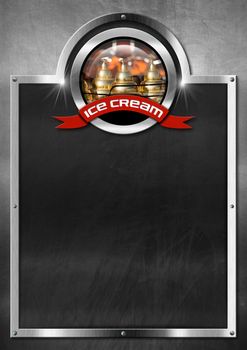 Empty blackboard with metal frame, symbol with a ice cream cart and red ribbon with text ice cream. Template for a ice cream menu