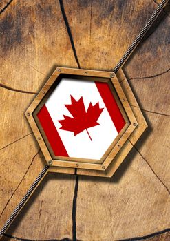 Flag of Canada in a hexagonal wooden frame on a section of tree trunk with metal cable