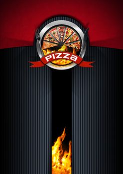 Pizza menu design with metallic round pizza symbol on a red, black and grey background with flames