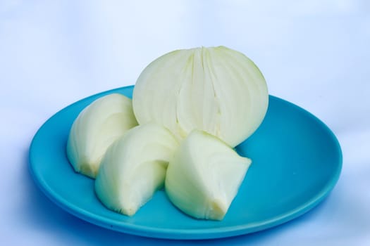 The sliced onion on the dish to prepare for cooking.