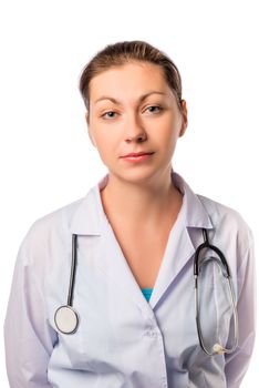 portrait of a woman doctor of 30 years on a white background