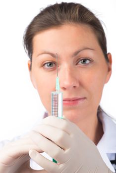 face doctor and syringe close up on a white background