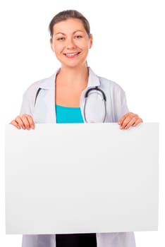 Smiling woman doctor with a poster on a white background