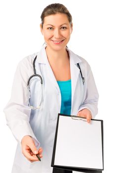 Smiling doctor giving a blank and pen isolated