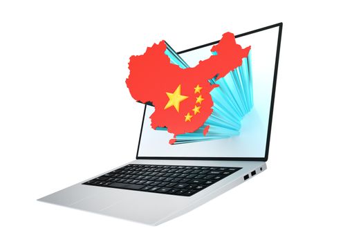 Modern laptop with map of china containing the chinese flag