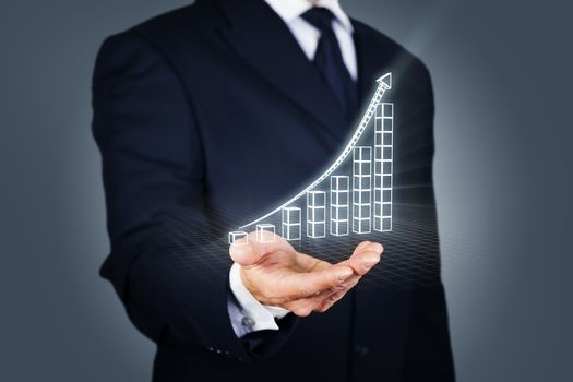 Composite image of a businessman with a rising chart in wireframe mode